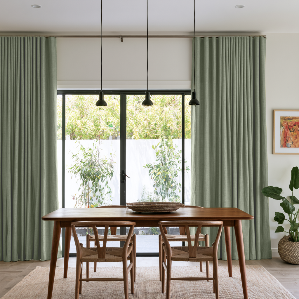 A Styled Dining Room Featuring Asparagus Green Curtains On Either Side Of A Large Black-Framed Glass Sliding Door