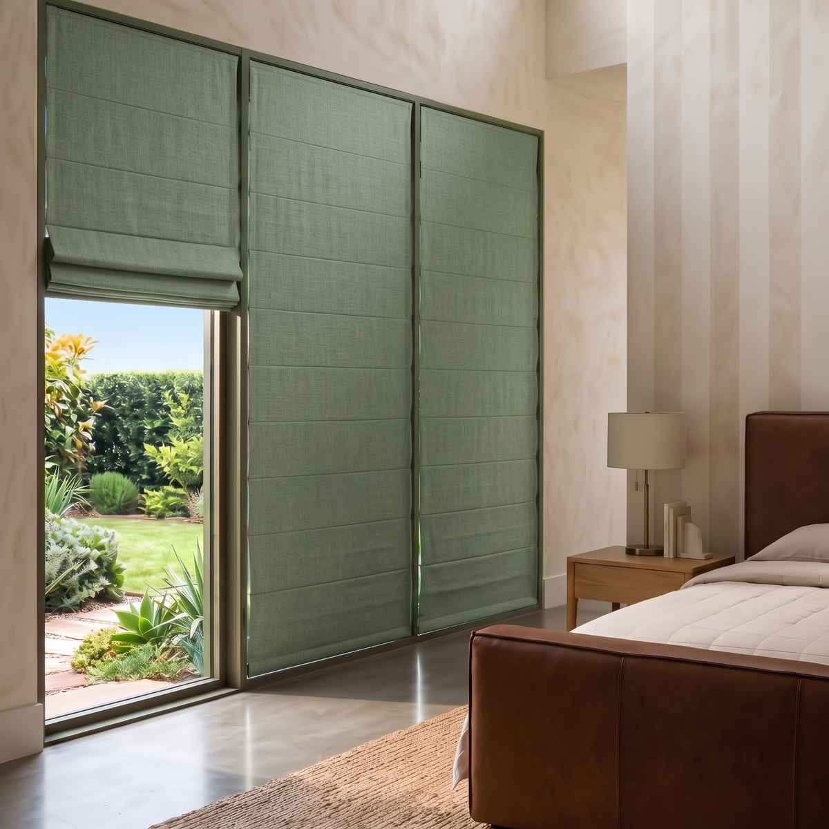 Asparagus Roman Blinds in a Contemporary Bedroom with Striped Walls