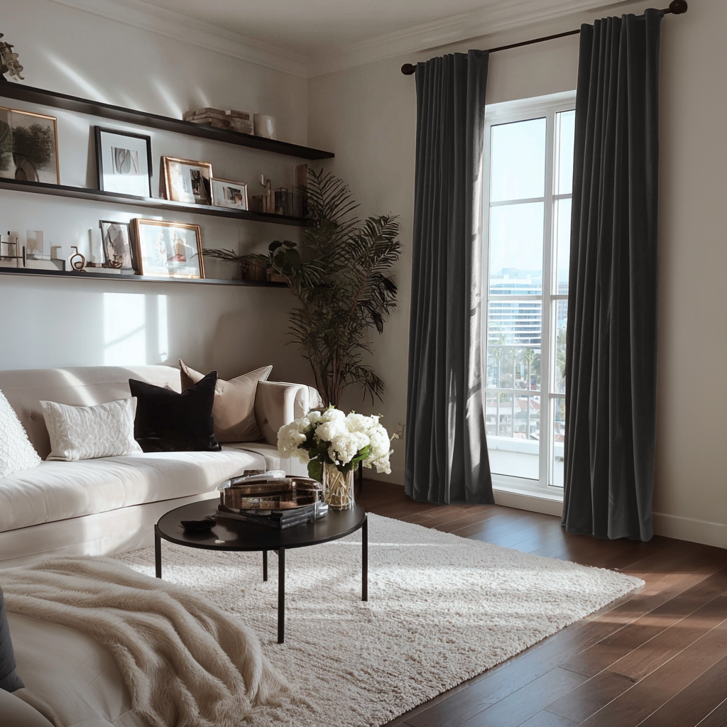 Dark Grey Velvet Back Tab Curtains in a Transitional Living Room with Floating Shelves and a Cream Sofa