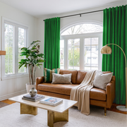 Lime Green Velvet Back Tab Curtains in a Contemporary Living Room with White Walls and a Caramel Leather Sofa