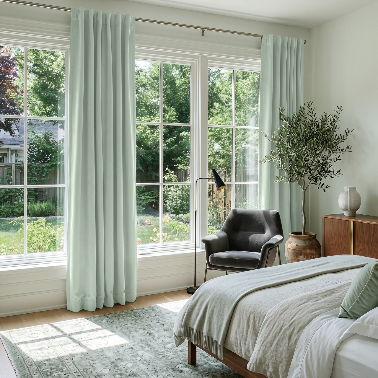 Mint Green Velvet Back Tab Curtains in a Bright Bedroom with White Walls and Grey Bedding