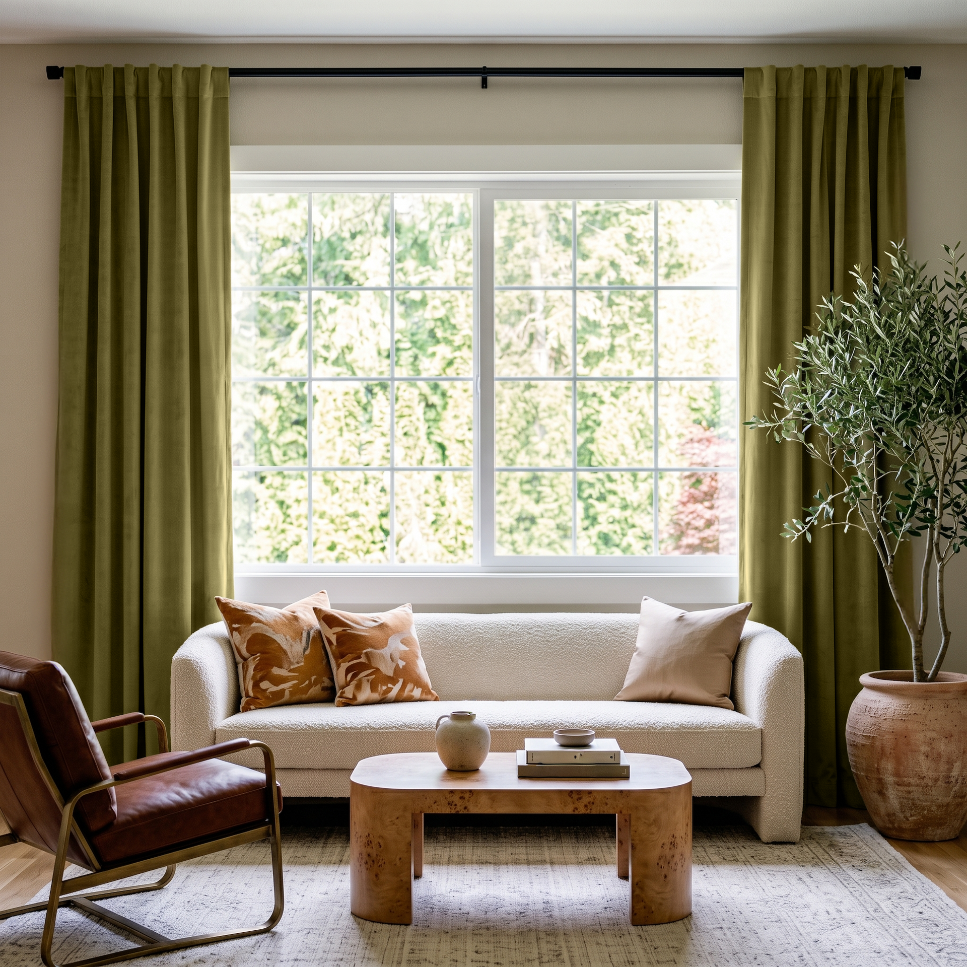 Moss Green Velvet Back Tab Curtains in a Contemporary Living Room with a White Bouclé Sofa and Caramel Leather Chair
