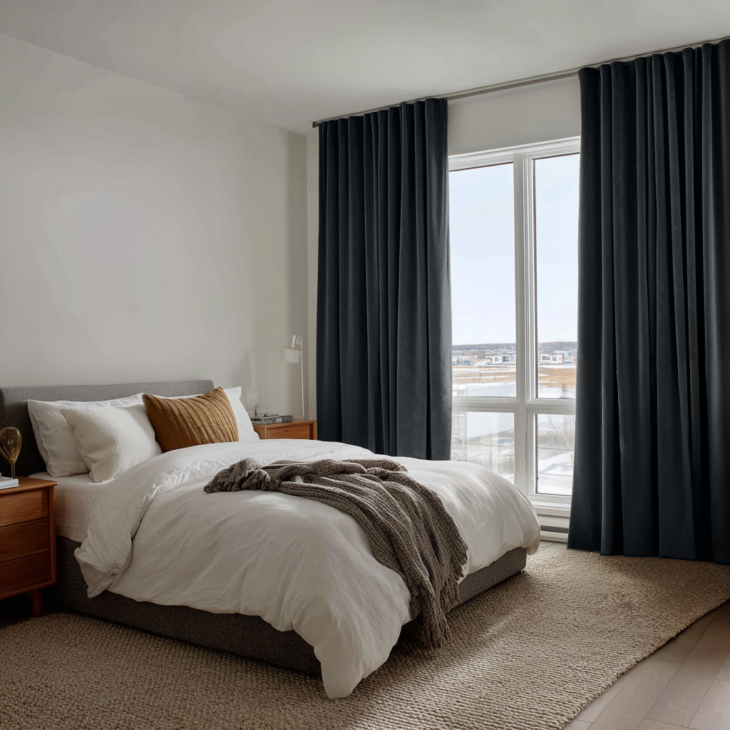 Steel Black Velvet Back Tab Curtains in a Contemporary Bedroom with Neutral Bedding and Warm Wood Accents