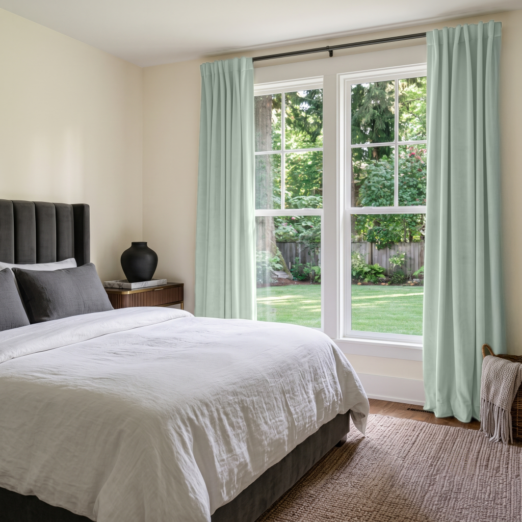 Mint Green Velvet Back Tab Curtains in a Minimal Bedroom with Cream Walls and White Bedding