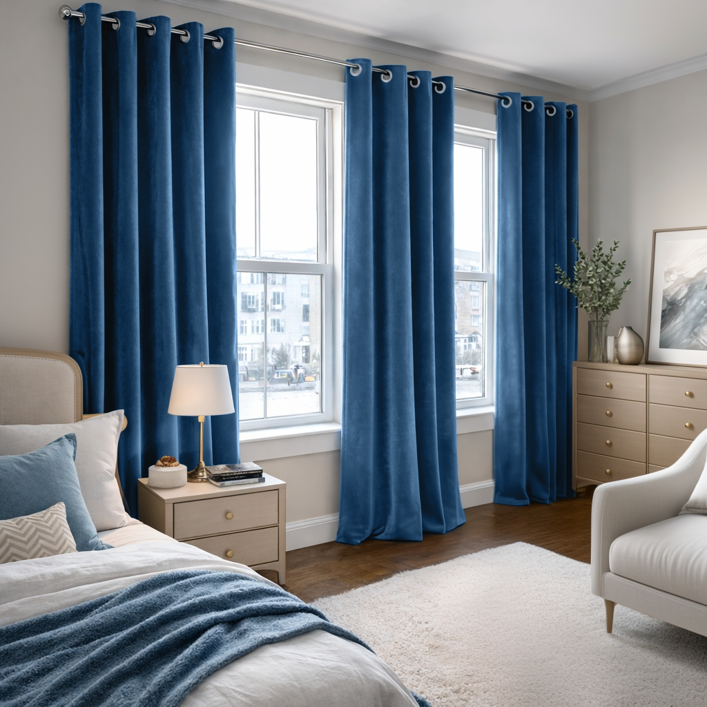 Steel Blue Velvet Grommet Blackout Curtain