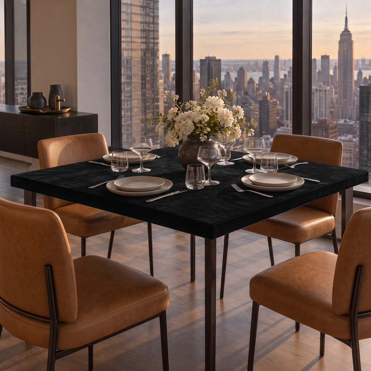 Black Fitted Square Velvet Tablecloth in a Contemporary Dining Room with Tan Leather Chairs