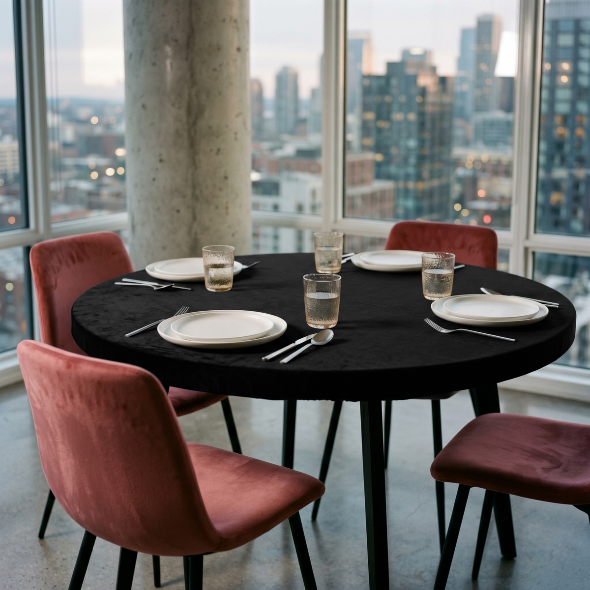 Black Fitted Velvet Round Tablecloth in a Modern High-Rise Dining Room with Blush Velvet Chairs