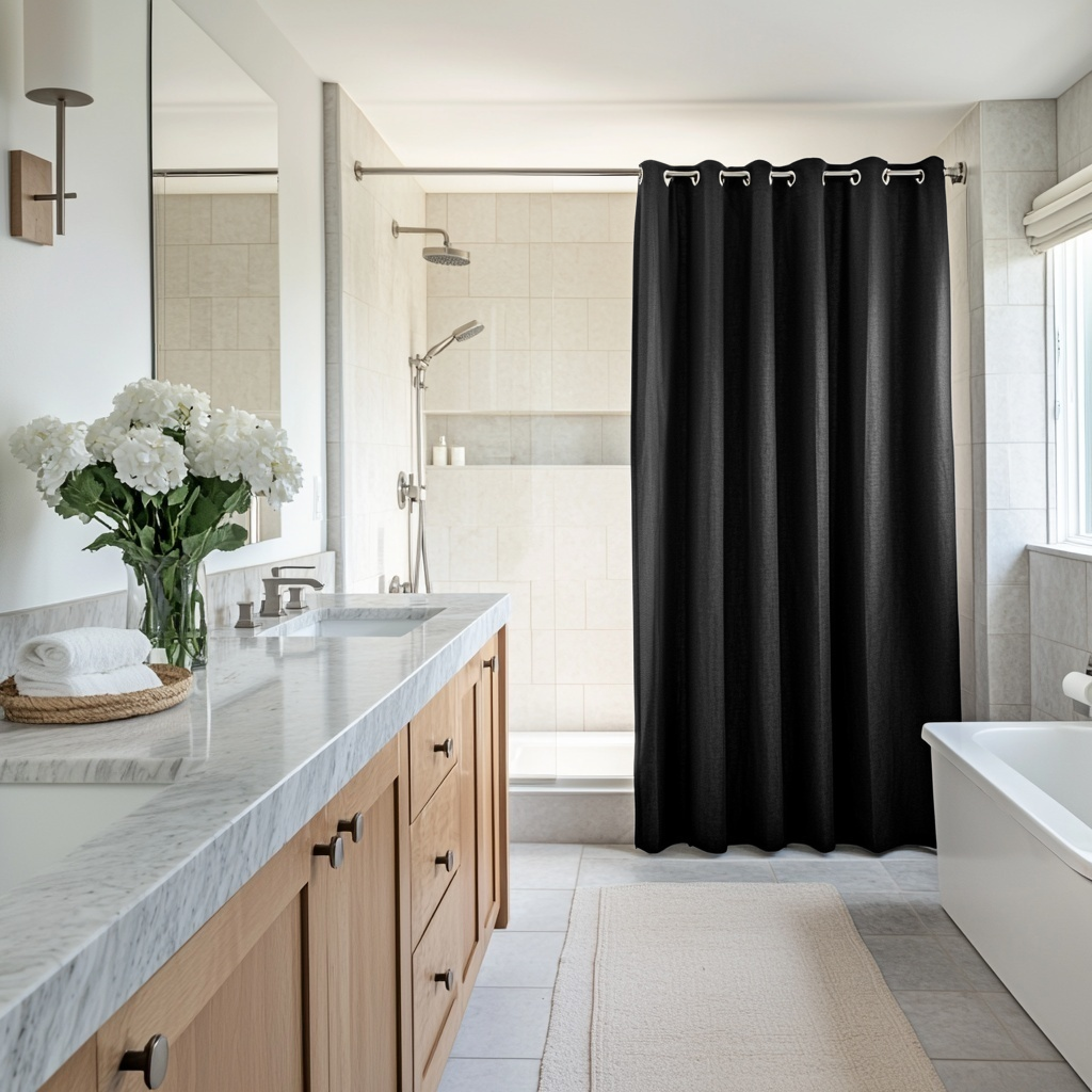 Black Hookless Linen Shower Curtain