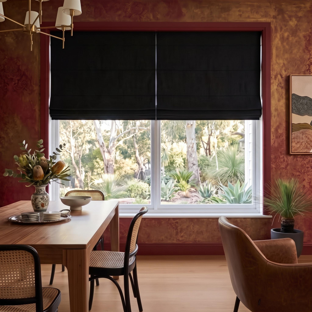 Black Roman Blinds in a Dining Room with Textured Red Walls and Wooden Dining Table