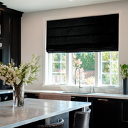 Black Linen Roman Blinds in a Modern Kitchen with Black Cabinetry - Blackout Lining