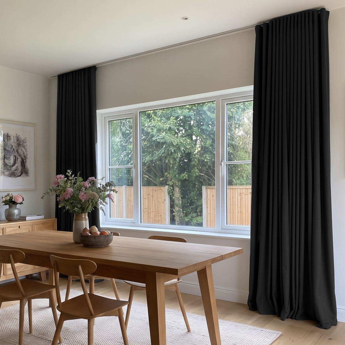 Floor-length black curtains frame a wide dining room window overlooking trees, beside a wooden table and chairs with a vase of flowers and a bowl of fruit