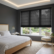 Black Roman Blinds in a Modern Bedroom with Dark Gray Walls and Wooden Bed Frame