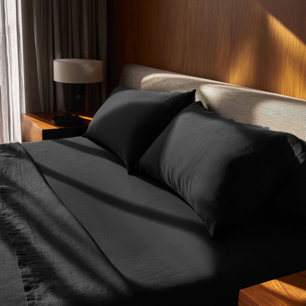 Black Washed Linen Deep Pocket Fitted Sheet Set