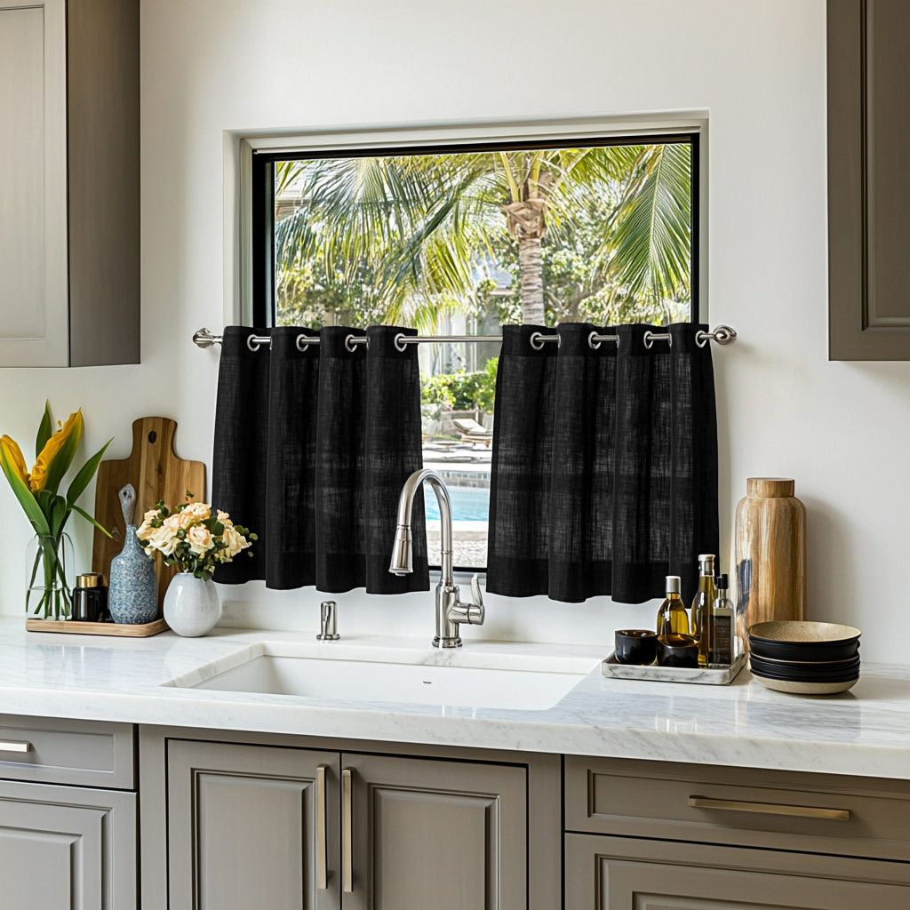 Black Linen Eyelet Cafe Curtains