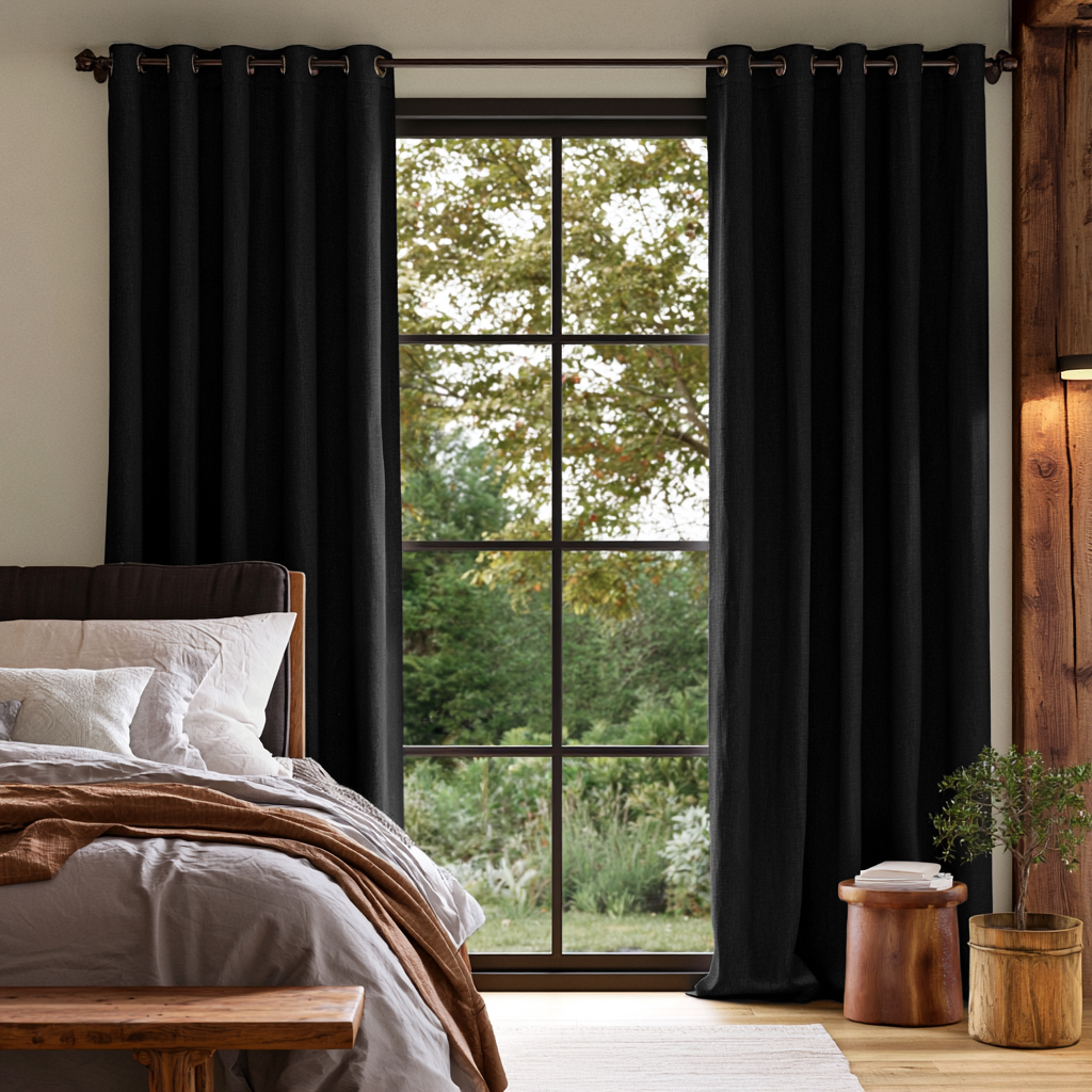 Black Linen Eyelets Extra Long Curtains in a Rustic Contemporary Bedroom with Wooden Accents and Garden View