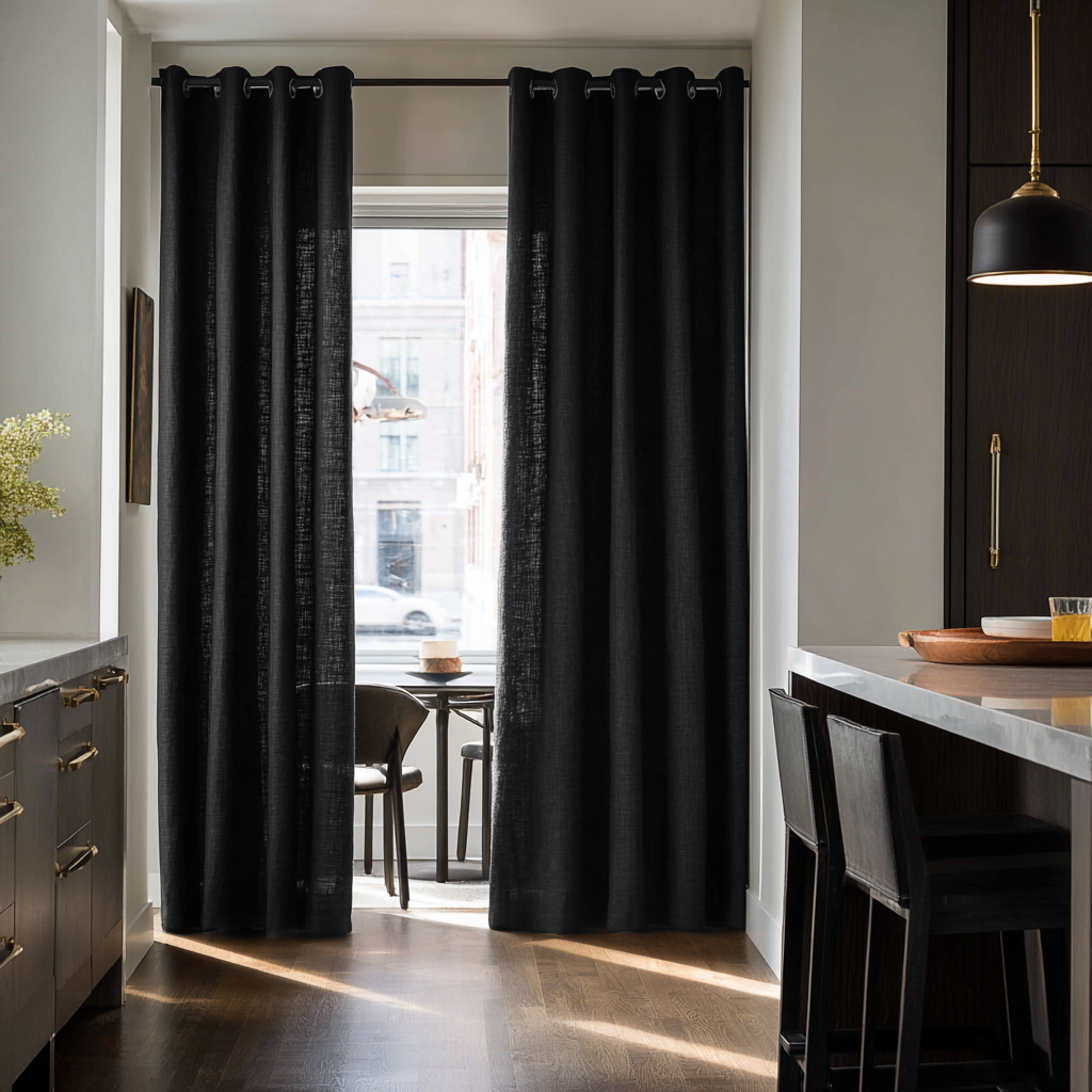 Black Linen Doorway Curtains with Eyelets
