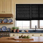 Black Linen Roman Blinds in a Classic Kitchen with Cream Cabinetry - Cotton Lining