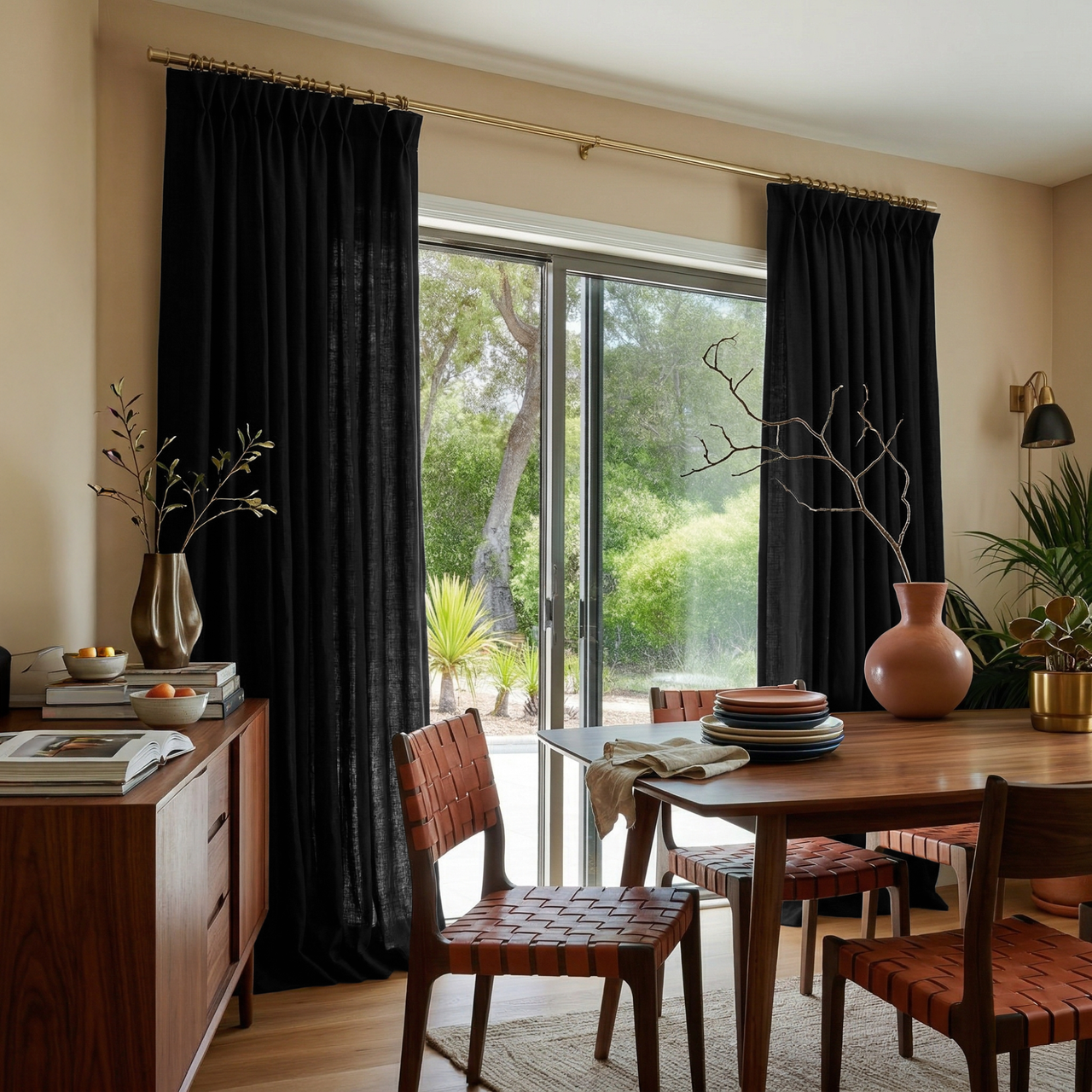 Black Linen Pinch Pleat Curtains for Sliding Doors in a Dining Room with Cream Walls