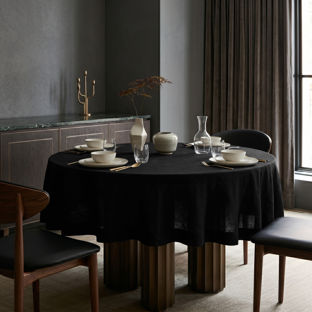 Black Linen Round Tablecloth in a Modern Dining Room with Charcoal Grey Walls and Dark Wood