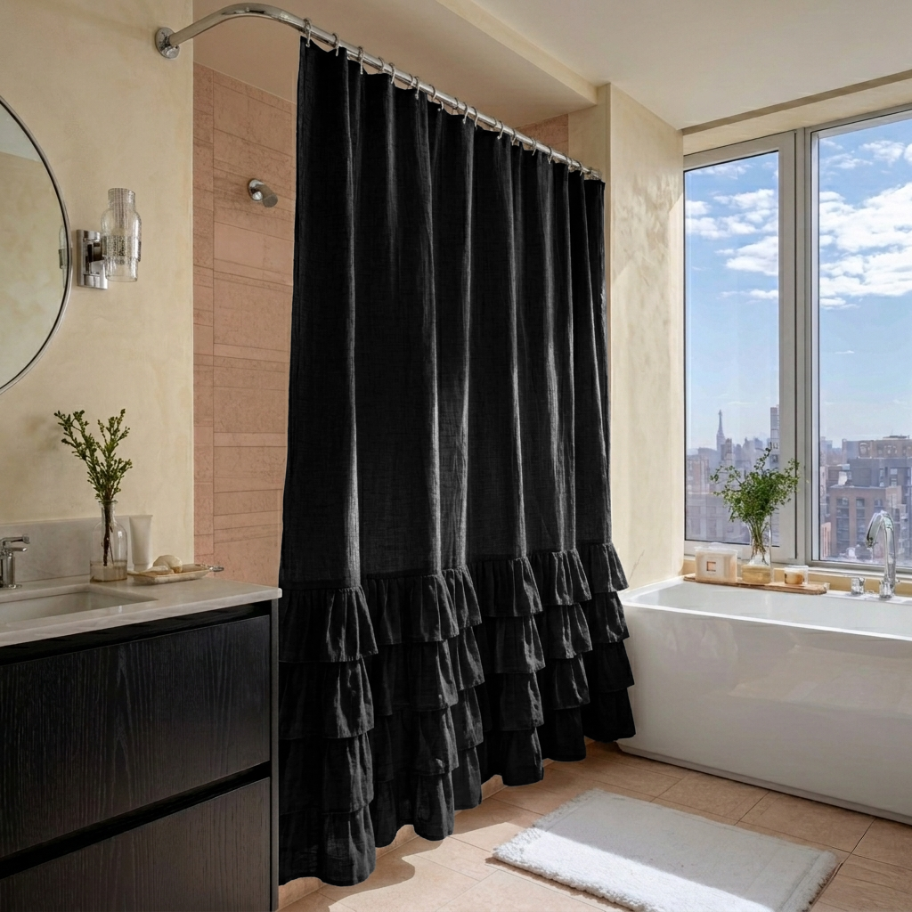 Black Linen Ruffled Shower Curtain