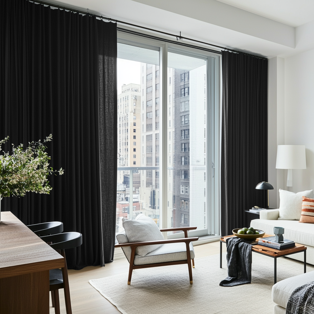 Black Linen S-Fold Curtains for Sliding Doors in a Living Room with Bright White Walls