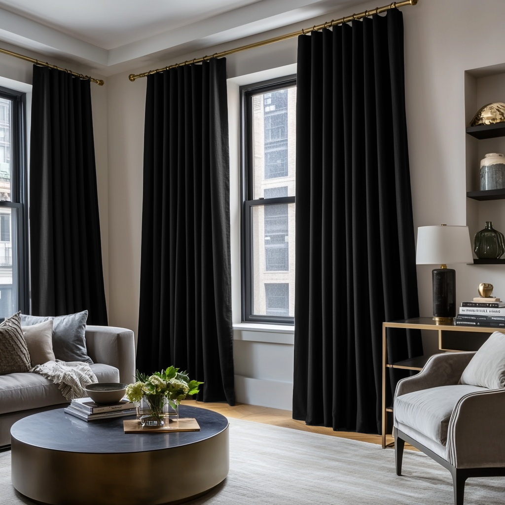 Black Linen Thermal S-Fold Curtains