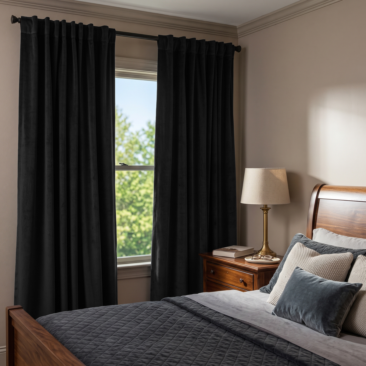 Black Velvet Back Tab Extra Long Curtains in a Styled Bedroom with Wooden Bed, Gray Quilt, and Bedside Lamp