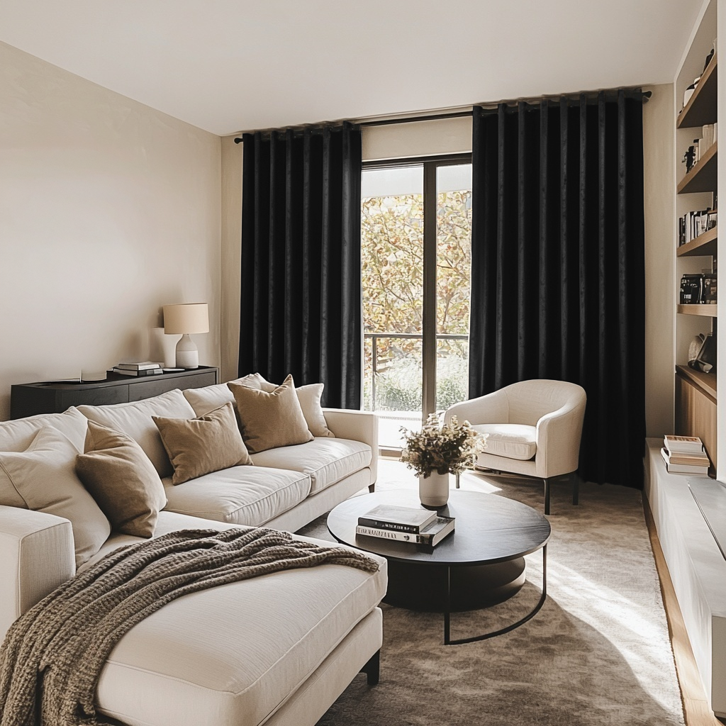 Black Velvet Eyelet Blackout Curtains in a Living Room with Warm White Walls