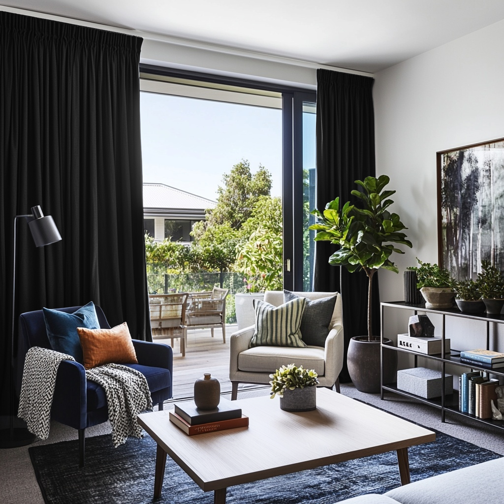 Black Velvet Pencil Pleat Blackout Curtains for Sliding Doors in a Living Room with Bright White Walls