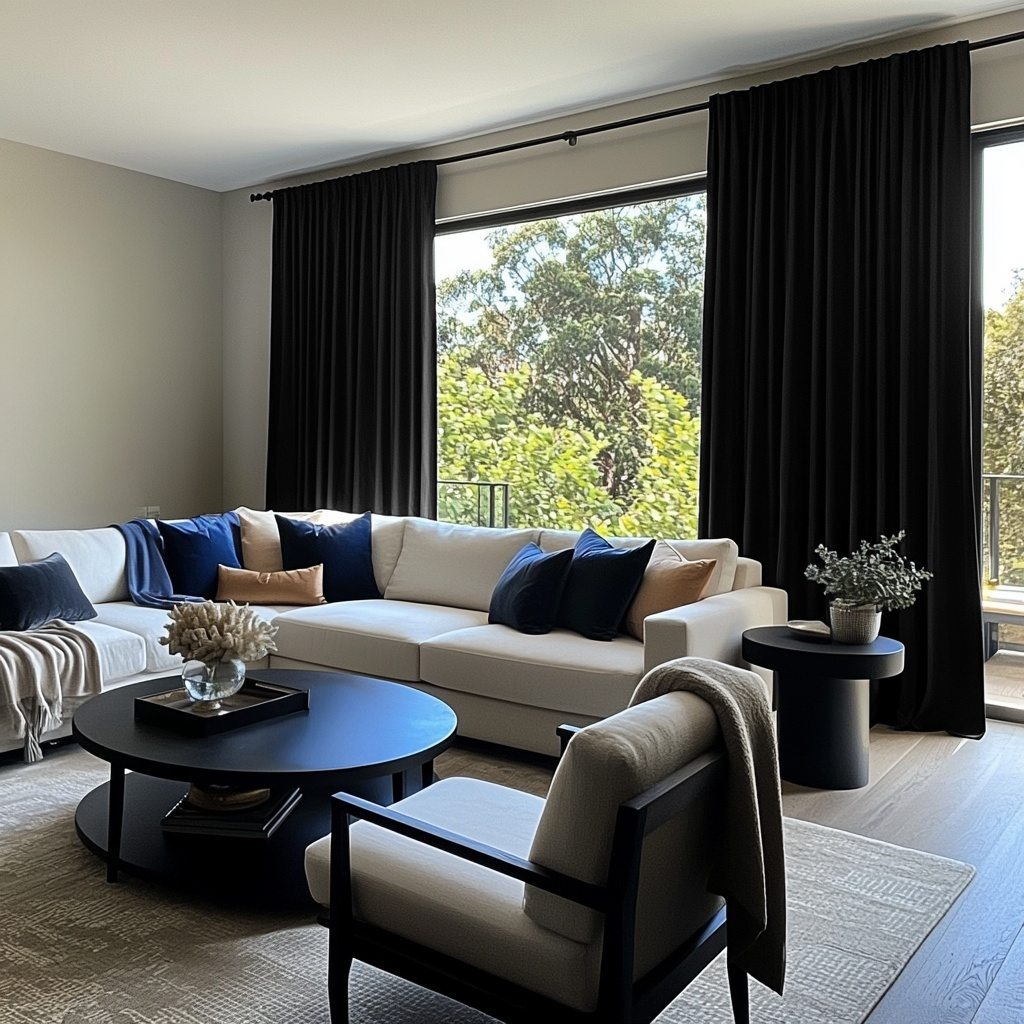 Black Velvet Rod Pocket Blackout Curtains in a Living Room with Light Grey Walls