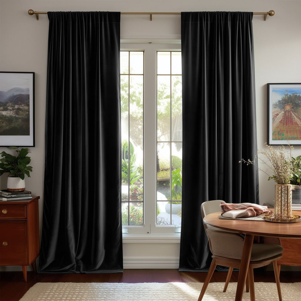 Stylish dining room with black rod-pocket curtains, warm wooden furniture, and elegant gold accents