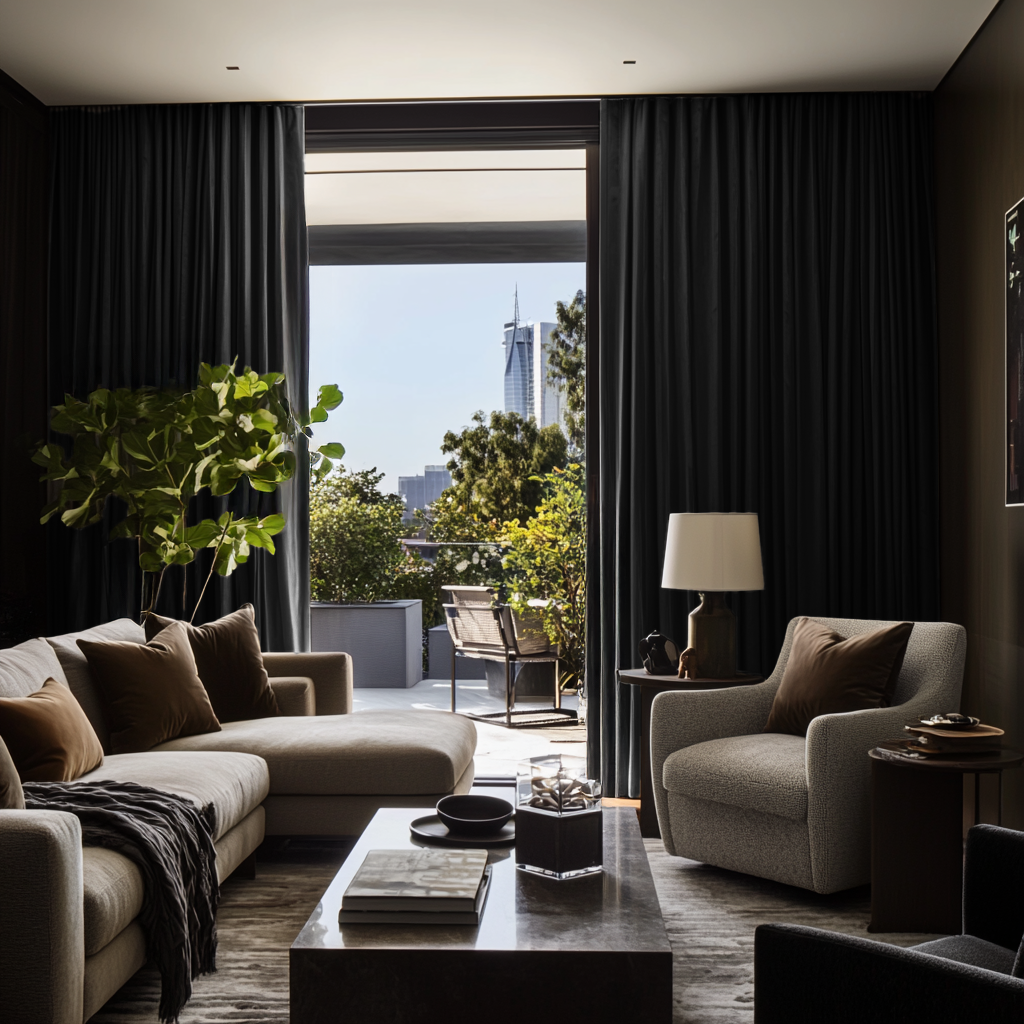 Black Velvet S-Fold Blackout Curtains for Sliding Doors in a Living Room with Brown Walls