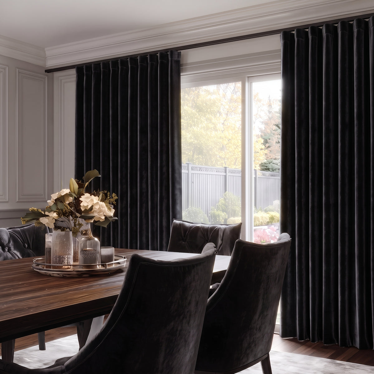 Elegant dining room with floor-to-ceiling black velvet curtains, dark wooden furniture, and soft natural light