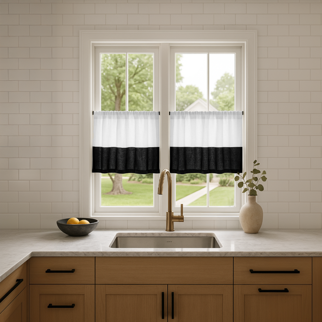 Black and White Linen Kitchen Curtains