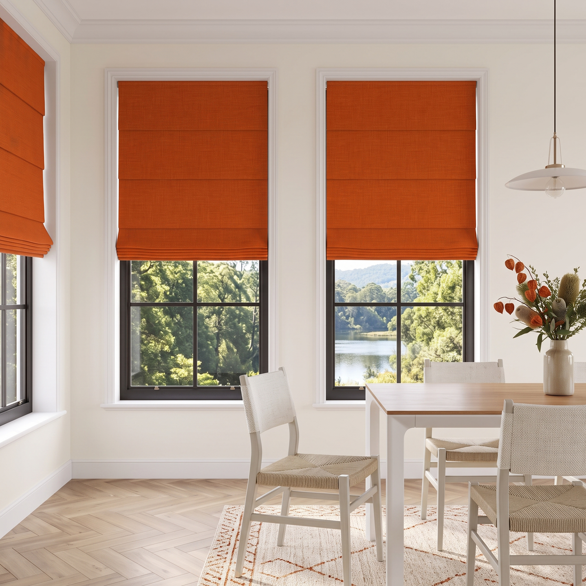 Burnt Orange Linen Cordless Roman Blinds in a Modern Dining Room with Cream Plaster Walls and a Wooden Dining Table