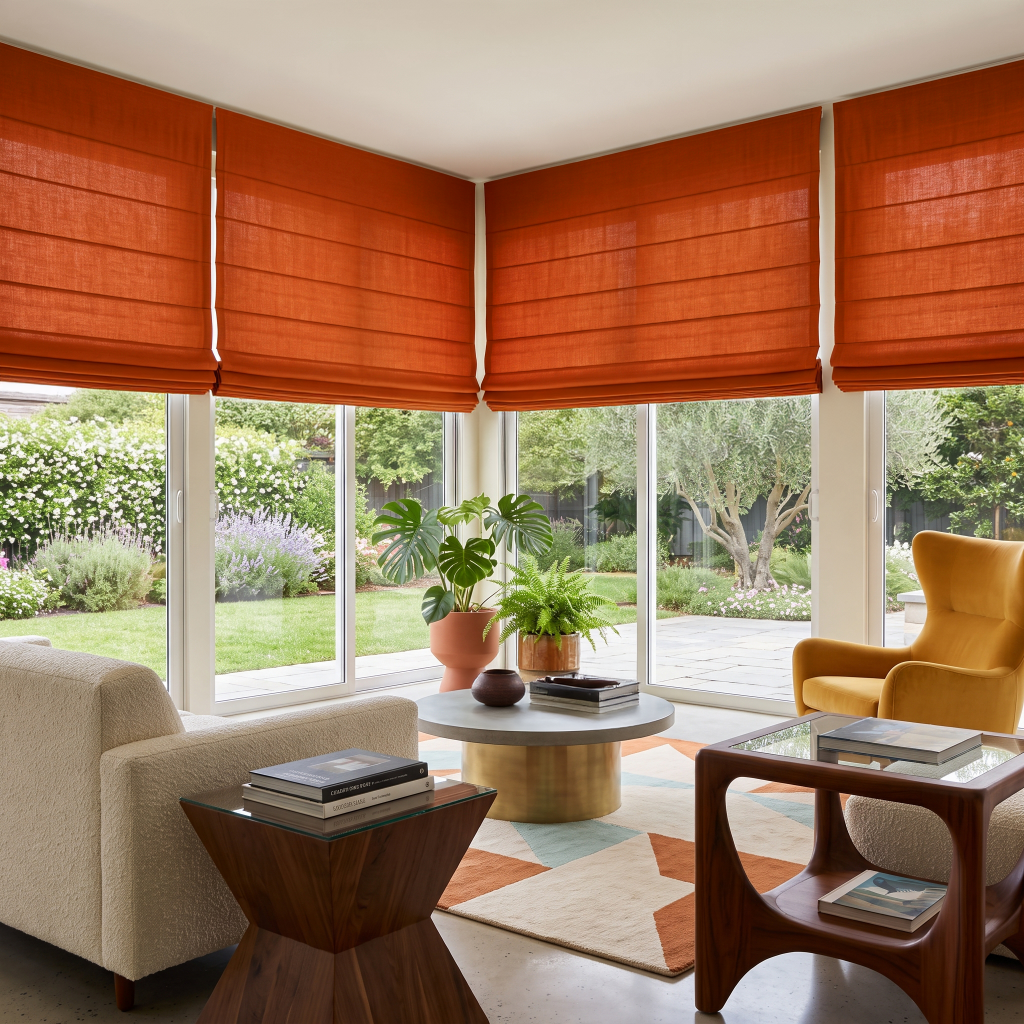 Burnt Orange Linen Cordless Roman Blinds in a Contemporary Living Room with Neutral White Walls and a Geometric Accent Rug