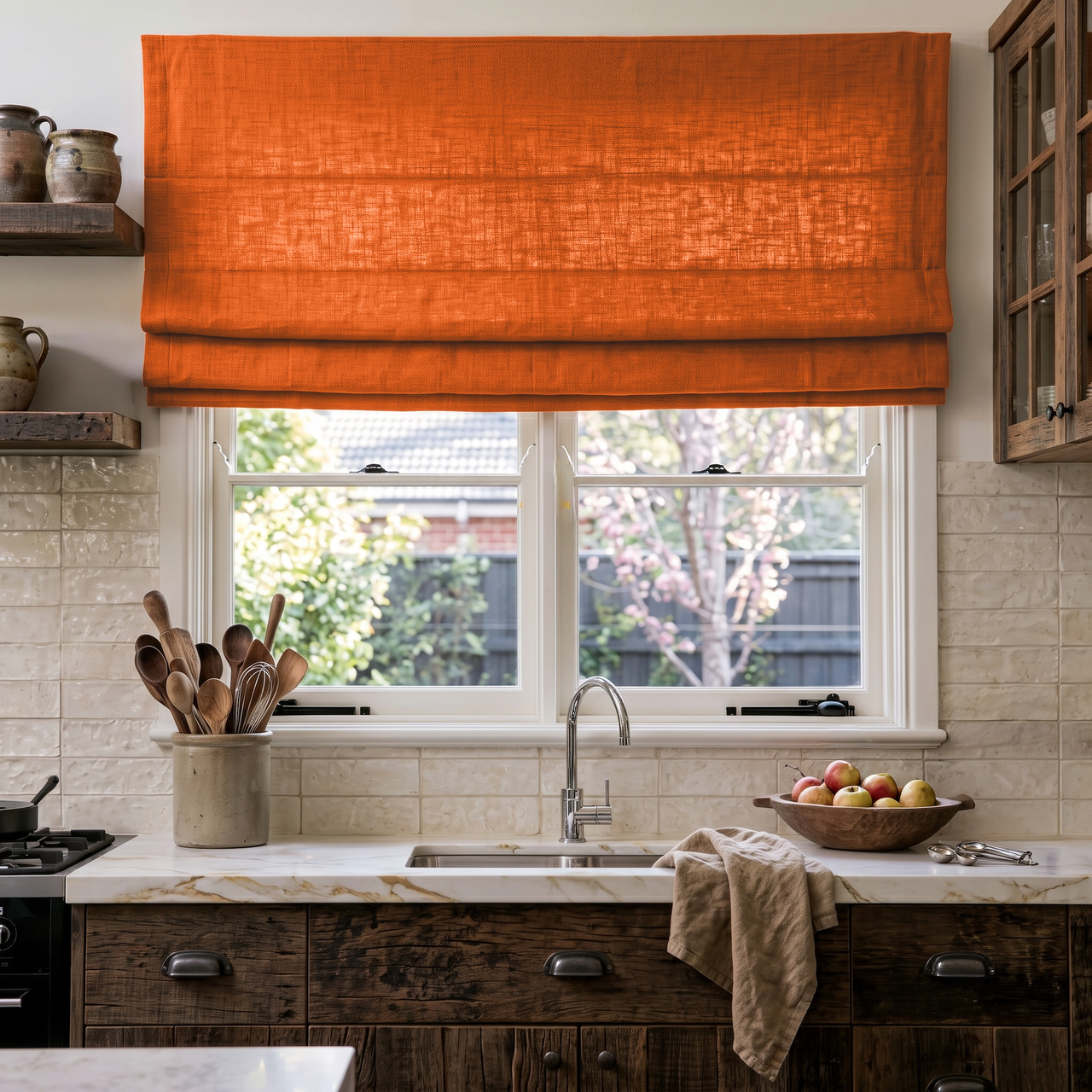 Burnt Orange Linen Roman Blinds in a Rustic Contemporary Kitchen with Dark Wood Cabinetry - Cotton Lining