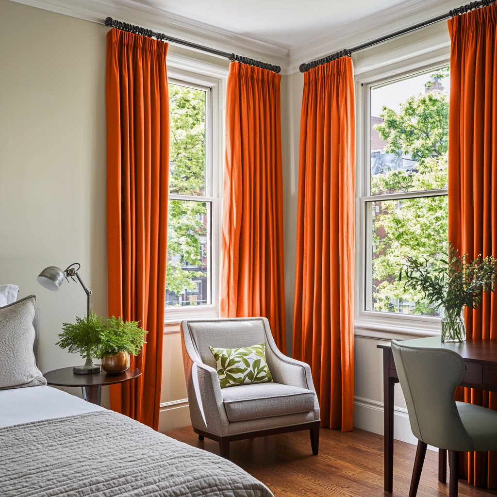 Burnt Orange Linen Pencil Pleat Curtains in a Bright Corner Bedroom with Bay Windows - Blackout Lining