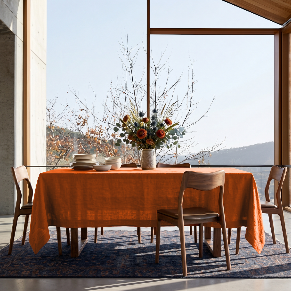 Burnt Orange Rectangular Linen Tablecloth in a Mid-Century Modern Dining Room with Floor-to-Ceiling Windows