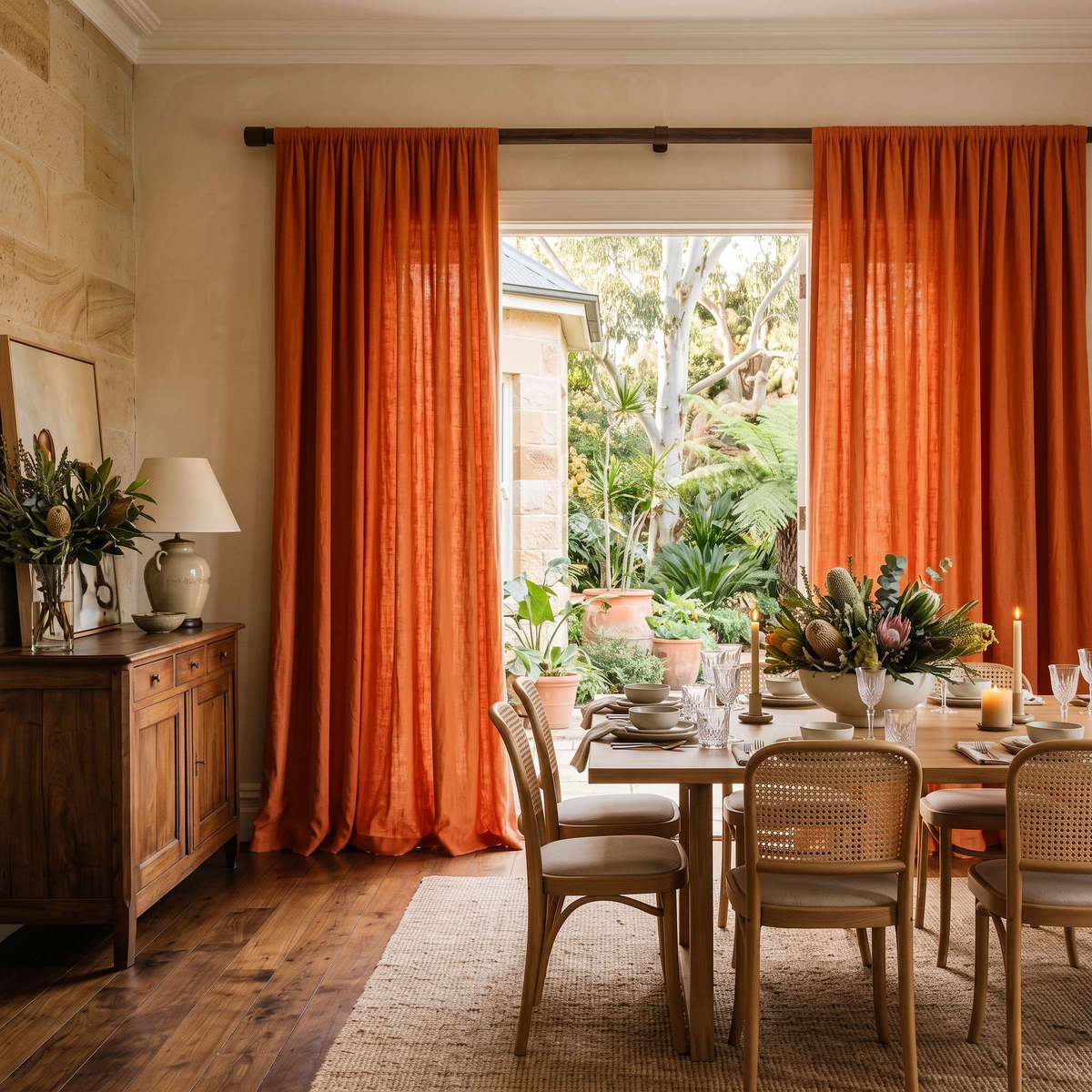 Burnt Orange Linen Rod Pocket Curtains in a Rustic Dining Room with Beige Stone Walls and a Wooden Sideboard Alongside Rattan Chairs.
