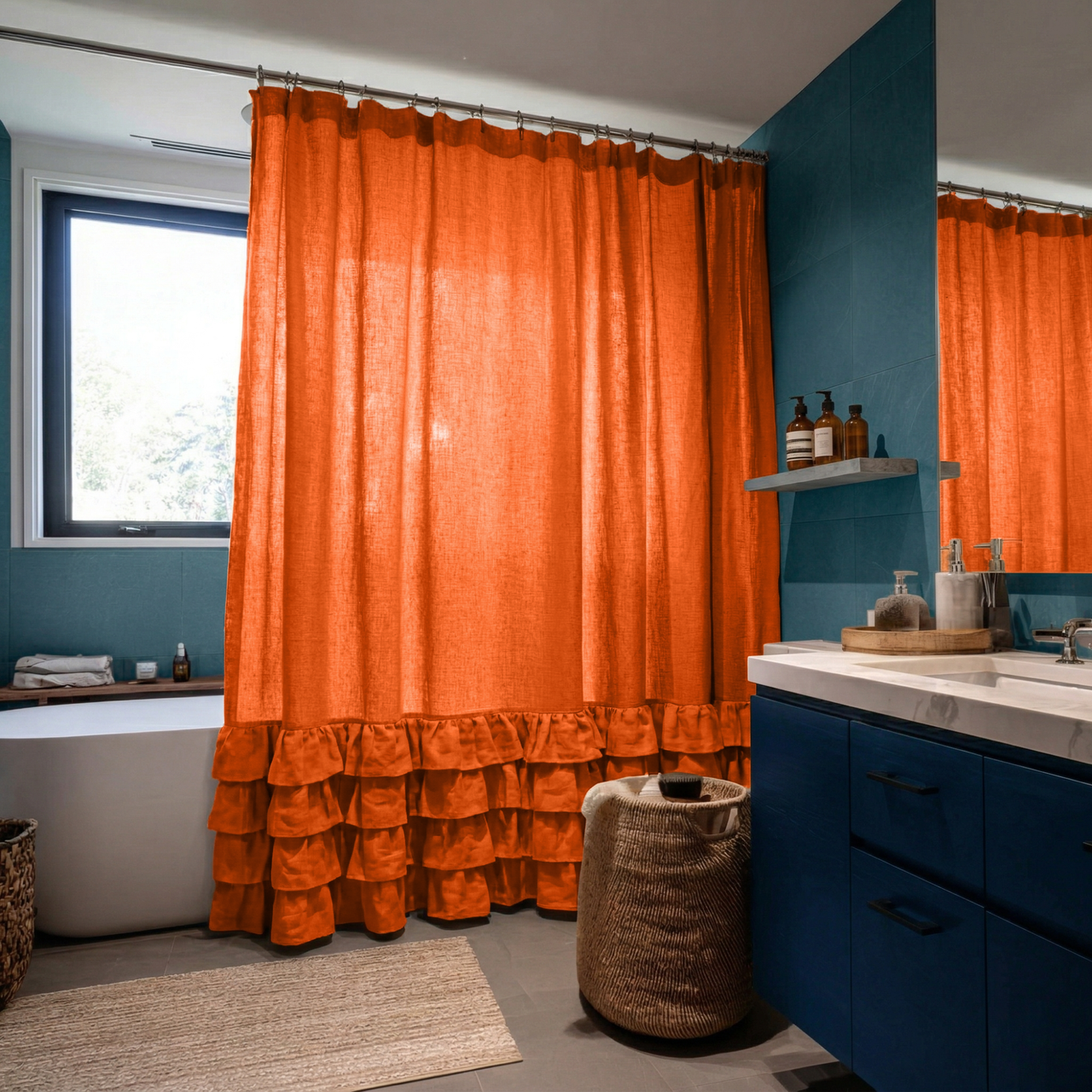 Burnt Orange Linen Ruffled Shower Curtain