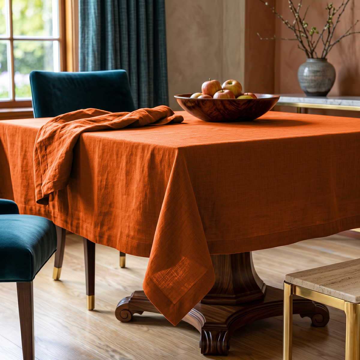 Burnt Orange Square Linen Tablecloth in a Mid-Century Modern Dining Room with Teal Upholstered Chairs and Dark Curtains