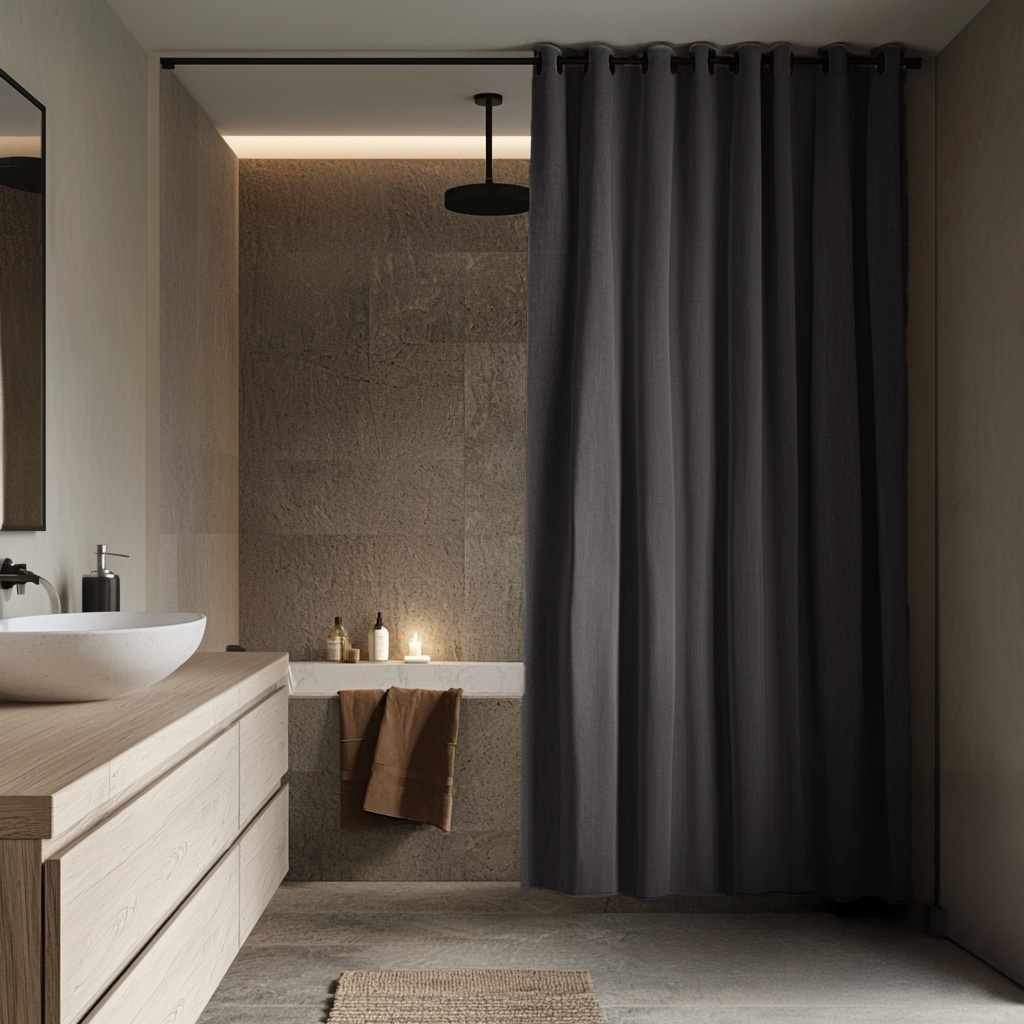 Charcoal Grey Hookless Linen Waterproof Shower Curtain