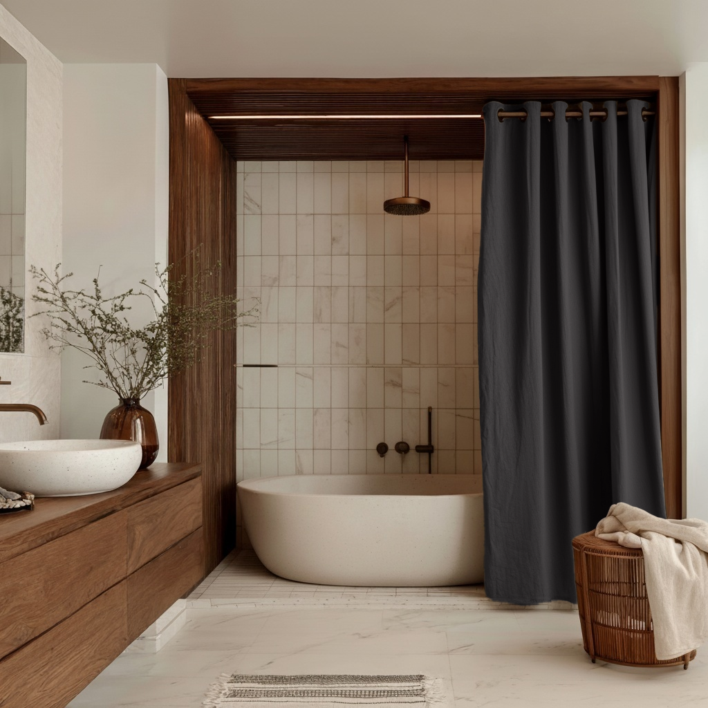 Charcoal Grey Hookless Linen Waterproof Shower Curtain