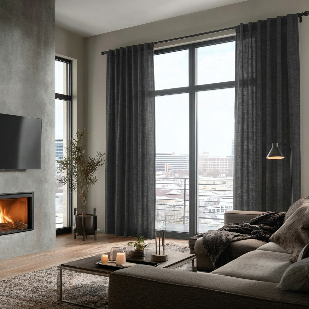 Charcoal Grey Linen Back Tab Curtains for Sliding Doors in a Living Room with Beige Walls