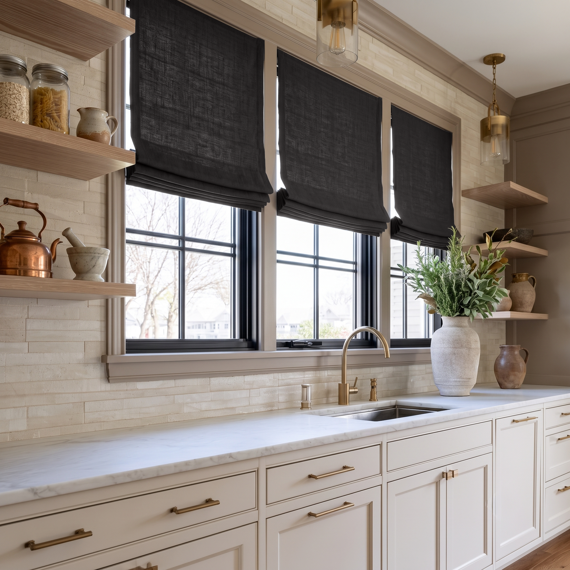 Charcoal Grey Linen Roman Blinds in a Bright Transitional Kitchen with Cream Cabinetry - Blackout Lining