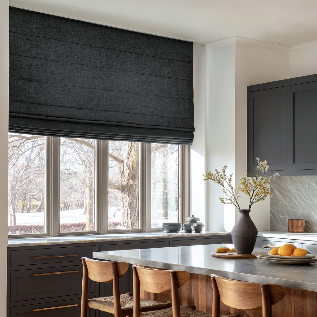 Charcoal Linen Roman Blinds - Blackout Lining