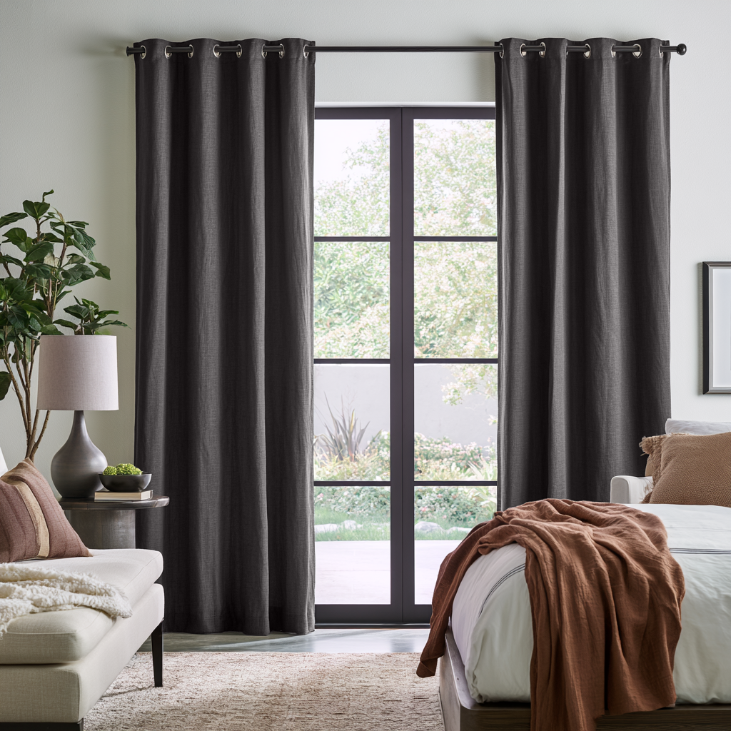 Charcoal Grey Linen Eyelets Extra Long Curtains in a Modern Bedroom with a Garden View and Neutral Decor