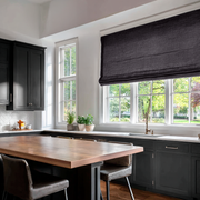 Charcoal Grey Linen Roman Blinds in a Contemporary Kitchen with Black Cabinetry - Cotton Lining