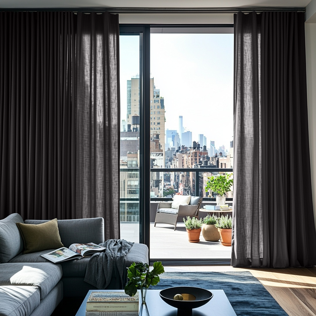 Charcoal Grey Linen S-Fold Curtains for Sliding Doors in a Living Room with Warm White Walls